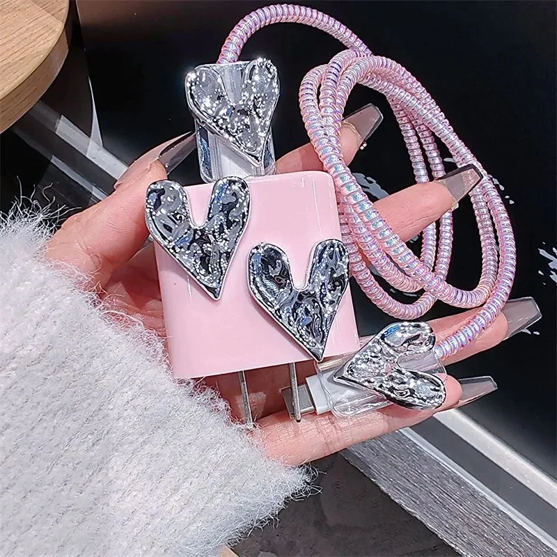 Cute Silver Love Heart Pink Silicone Charger Case For IPhone 11 12 13 14 15 18W-20W Fast Charge Protection Cover Charger Sleeve