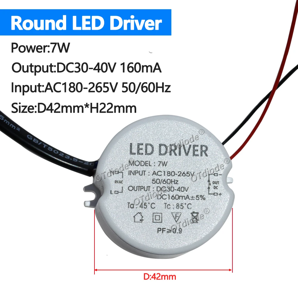 High PF No Flicker 10W LED Round Driver 7W8W12W15W18W AC180-265V to DC24V 30V 42V 160mA 260mA 300mA 450mA  Dia 40mm Tranformer