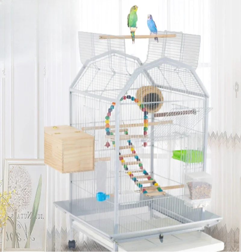 Large Metal Bird Cage With Wood Stand For Parrots Playground Activity Center Large Family Luxury Villa