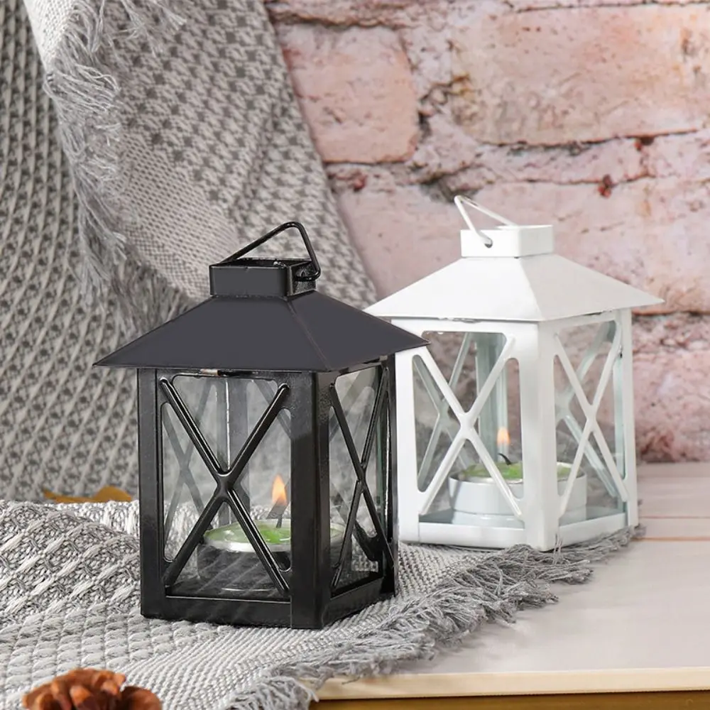 Elegant Black European Candle Holder Exquisite Stable Iron Wind Lamp Handmade Outdoor Candle Lantern Table