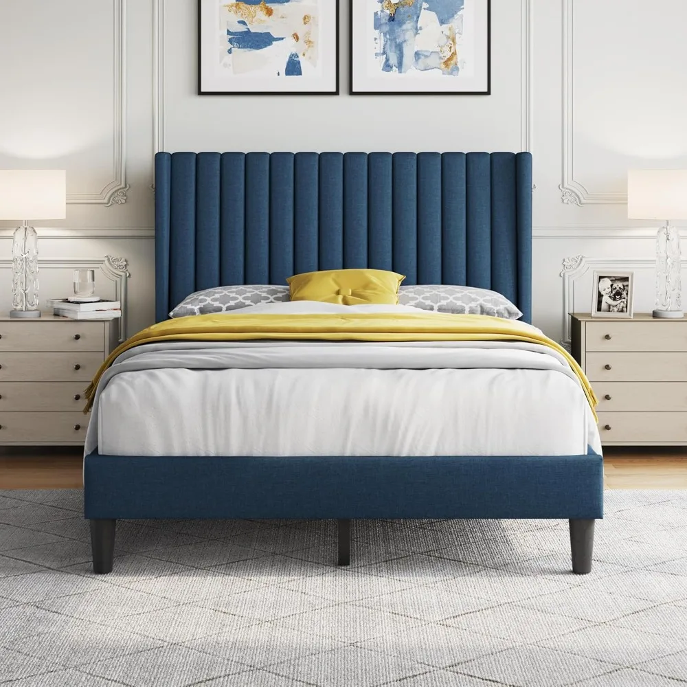 Full Size Bed Frame, Upholstered Platform Bed with Wing Edge Headboard, Square Tufted Fabric/Mattress Foundation/Woode