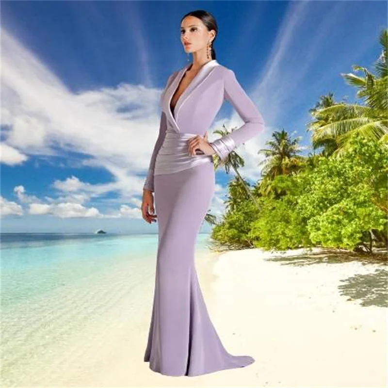 Lila lange Abendkleider für Damen, Meerjungfrau, V-Ausschnitt, Ballkleider, volle Ärmel, elegantes Partykleid 2025, individuell gestaltet