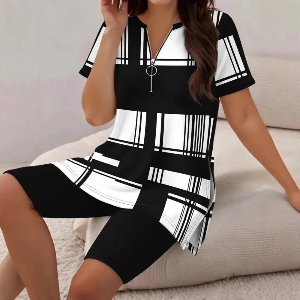 Estate nuove donne alla moda vestito con cerniera decorazione camicia stampata a righe Top + camicie abiti larghi casual set in due pezzi abbigliamento per la casa