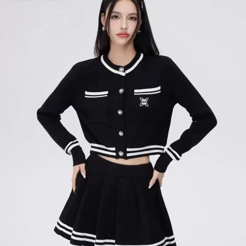 Women\'s Golf Clothing Black White Embroidery Jacket Skirts Suits Knitwear Sweater Two Piece Golf Clothes Tennis Golf Wear Set