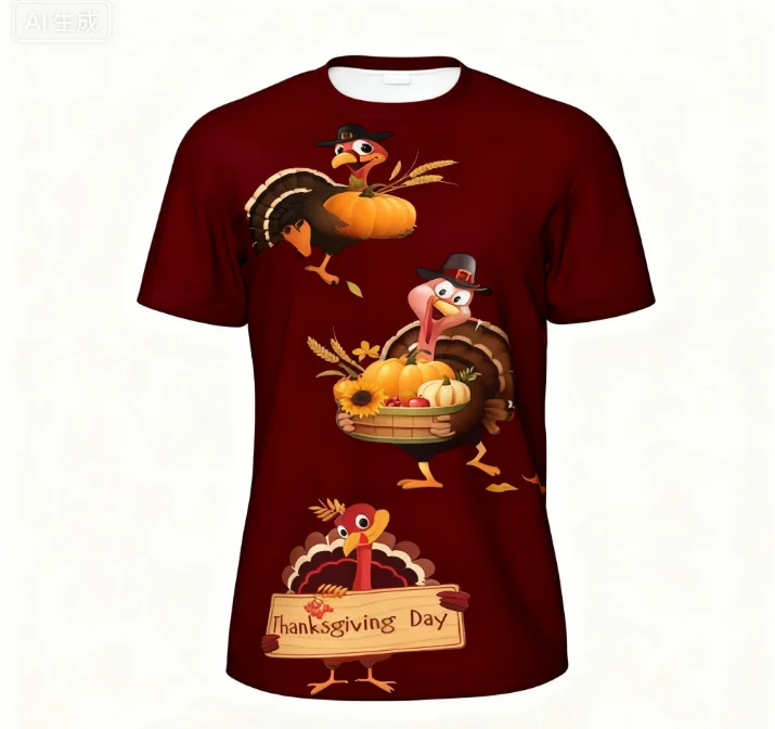 2025 الشكر الأسرة جمع تركيا نمط ثلاثية الأبعاد تي شيرت مطبوع الخريف موضة الرجال والنساء قصيرة الأكمام تي شيرت