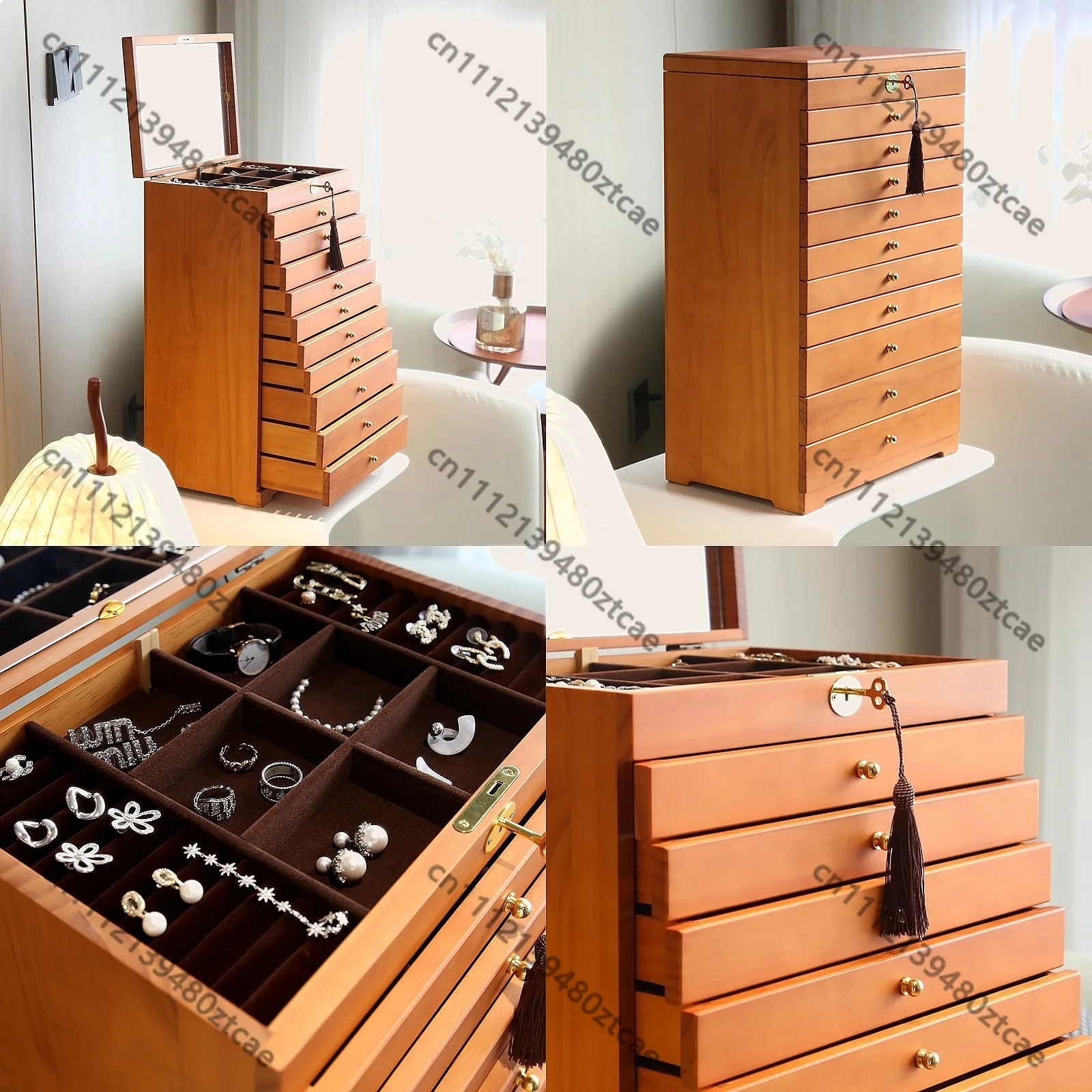 Solid Wood Large Capacity Jewelry Box with Lock Multifunctional Mirror Jewelry Case Casket