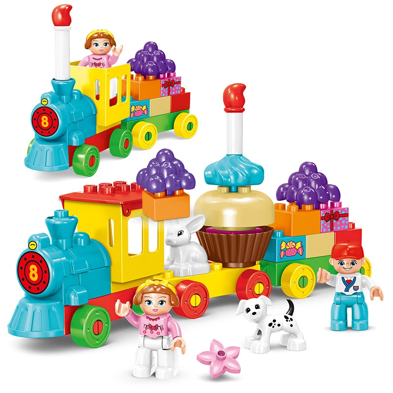 58 개/대 크리 에이 티브 생일 축하 케이크 기차 대형 입자 빌딩 블록 어린이를위한 조기 교육 퍼즐 장난감 크리스마스 선물