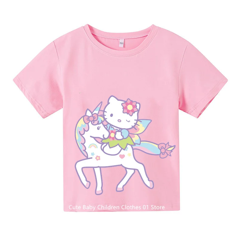 Anime Hello Kitty Tshirt Kids T-shirts Sets Fashion Women Short Sleeve Baby Boy Clothes Casual Summer Casual Wednesday Tops