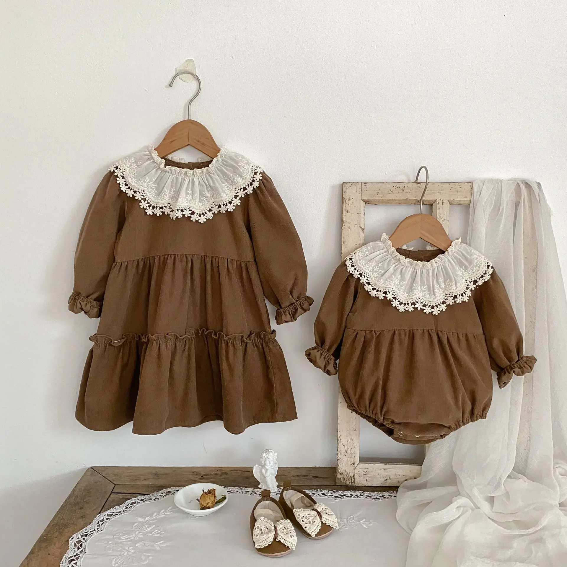 

Baby Sister Clothes Spring 2025 Baby Corduroy Long-sleeved Khaki Dress Sister Toddler Climbing Clothes