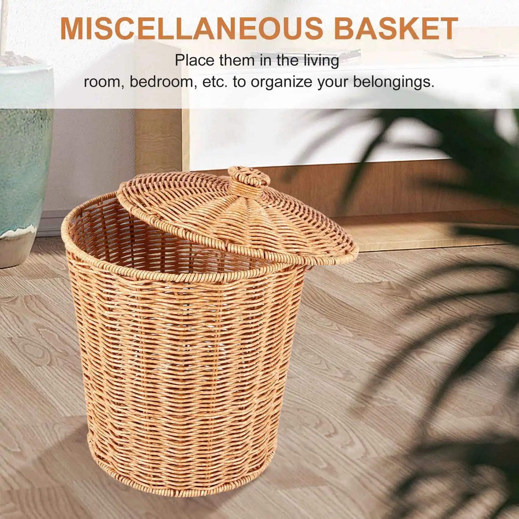 X11AA Woven Basket Trash Can Round Rattan Waste Basket with Lid Planter Woven Storage Baskets Wicker Wastebasket Garbage Bin