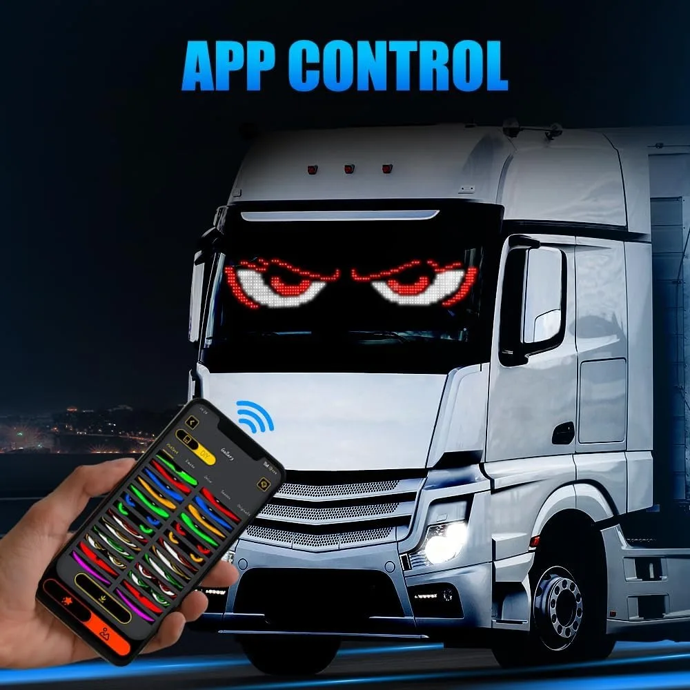 علامة ضوء عيون الشيطان للسيارات شبه شاحنة الزجاج الأمامي LED العين مع التحكم في التطبيق وعرض لافتة LED قابلة للبرمجة عن بعد