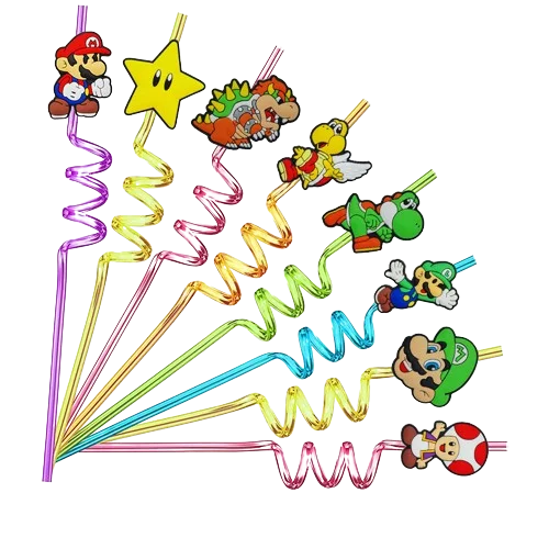 Hot Mario Straw Party Food Grade PET Colorful Spiral Curved Art Cartoon Straw fashionable Decoration Accessories  Anime Supplies