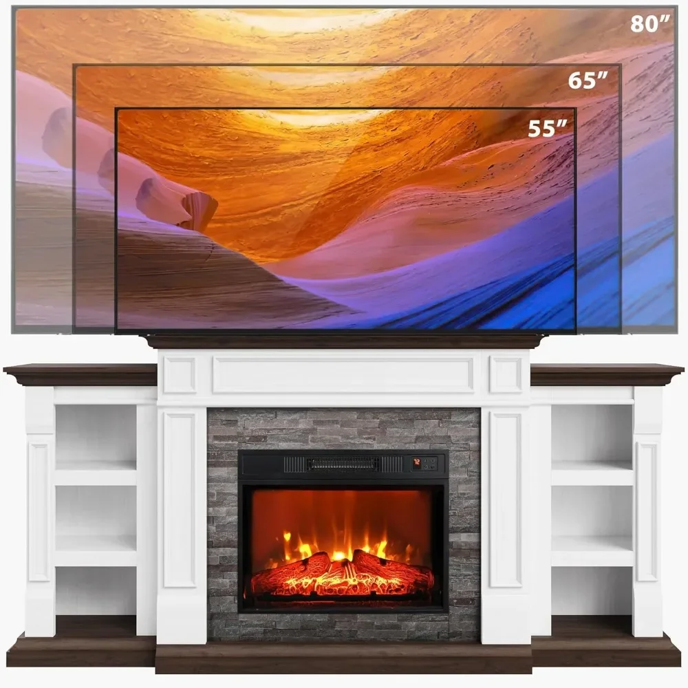 70" Electric Fireplace with Mantel and Cabinets, Fireplace TV Stand for Living Room Bedroom, Stacked Stone Surround