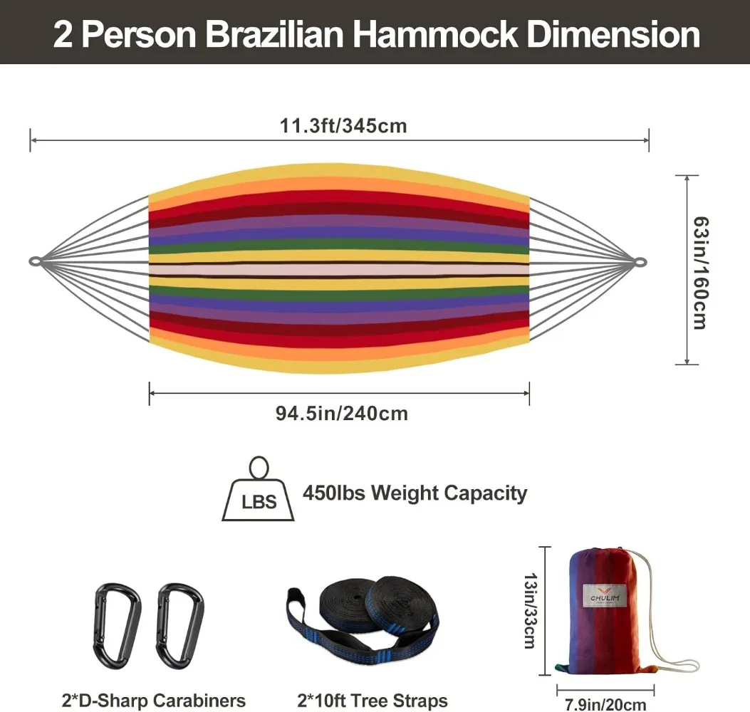 ツリーストラップ付きブラジル製ダブルハンモック,特大,240x160cm,2人用,パティオ,屋内,450ポンド