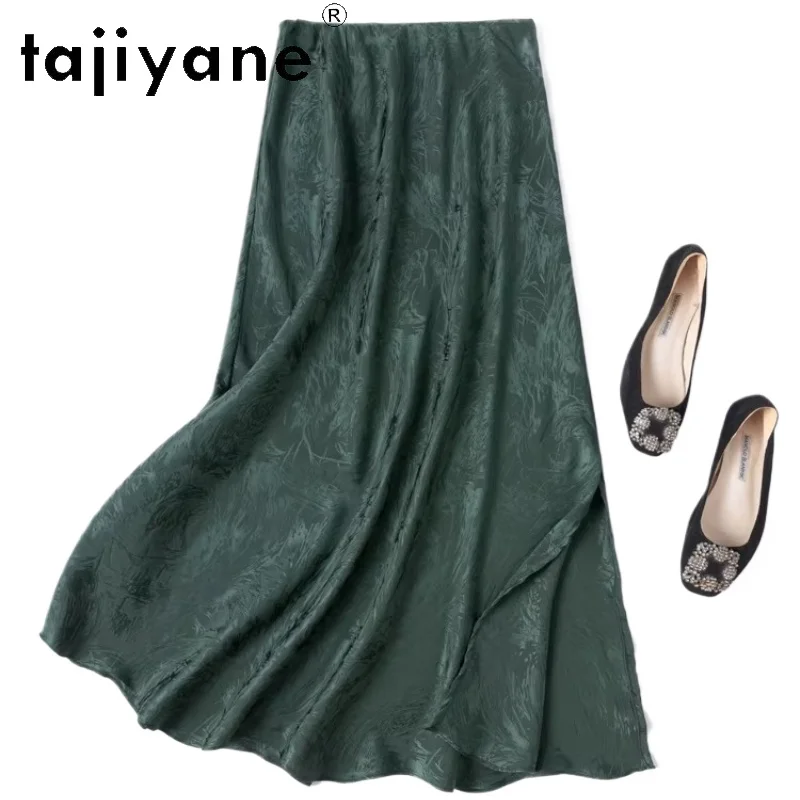 

TAJIYANE 93% Шелковая юбка из тутового шелкопряда, женская элегантная зеленая жаккардовая атласная юбка 20 мм, летние юбки-русалки 2026, женская одежда, шорты