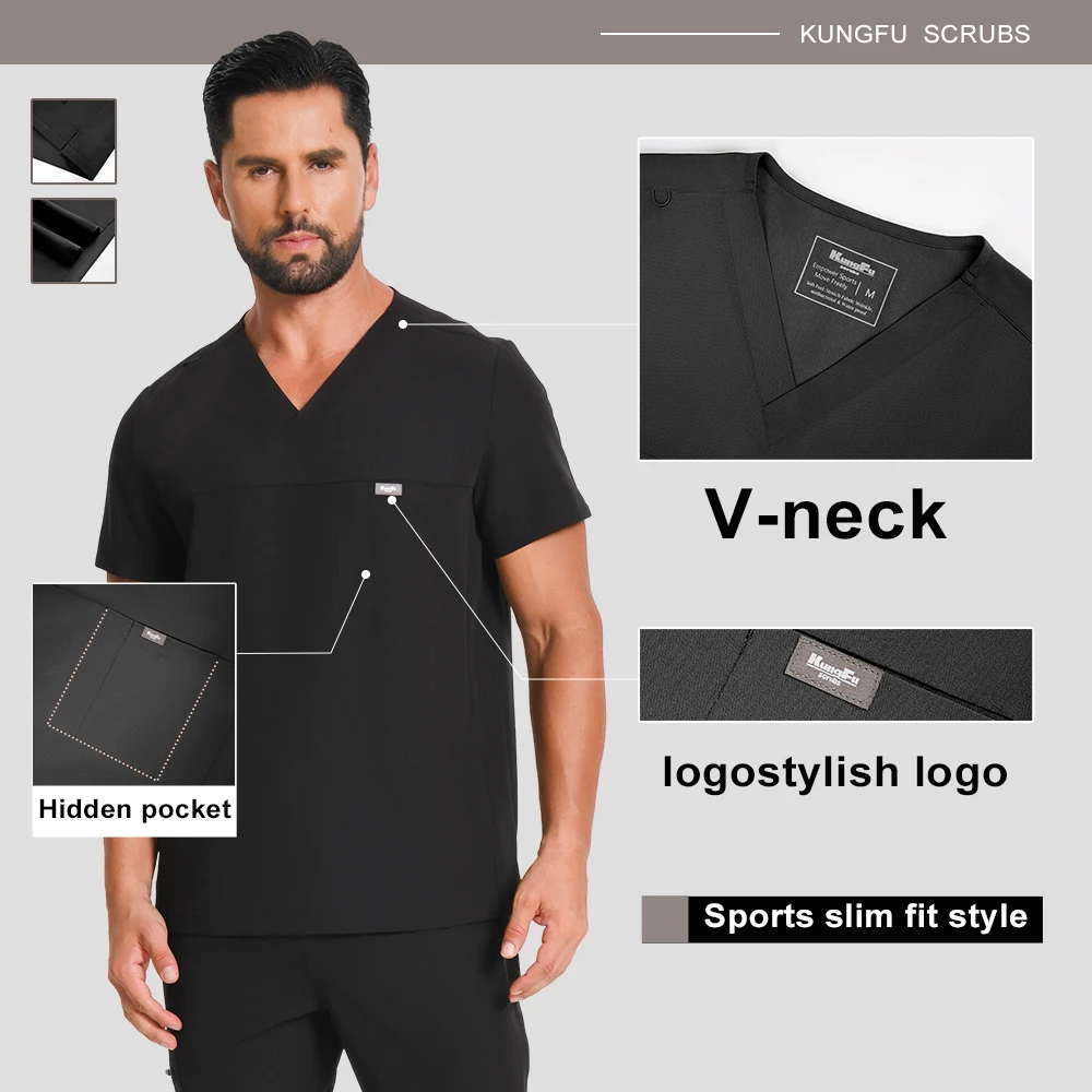 KUNGFU SCRUBS Men Surgical Uniforms Scrub V-neck Top Antibacterial Nursing T-shirt Soft Breathable Short Sleeve For Doctor/Nurse - view 3