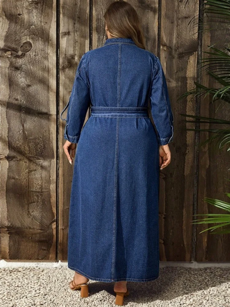 Women Plus Size Denim Maxi Dress Lapel Collar Button Front Belted Waist Long Sleeve Multi Pockets Casual Long Shirt Dress