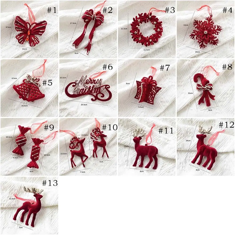 Flocado veludo natal bowknot pingente floco de neve sinos doces cana floco de neve rena pingente requintado vinho tinto