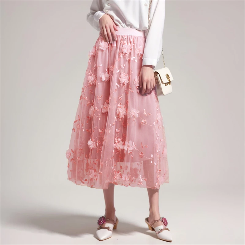 

Spring/Summer 3D Flower Decoration Embroidery Design Mesh Half Skirt Elastic Waist Fairy Pink Half Skirt Women's Clothing
