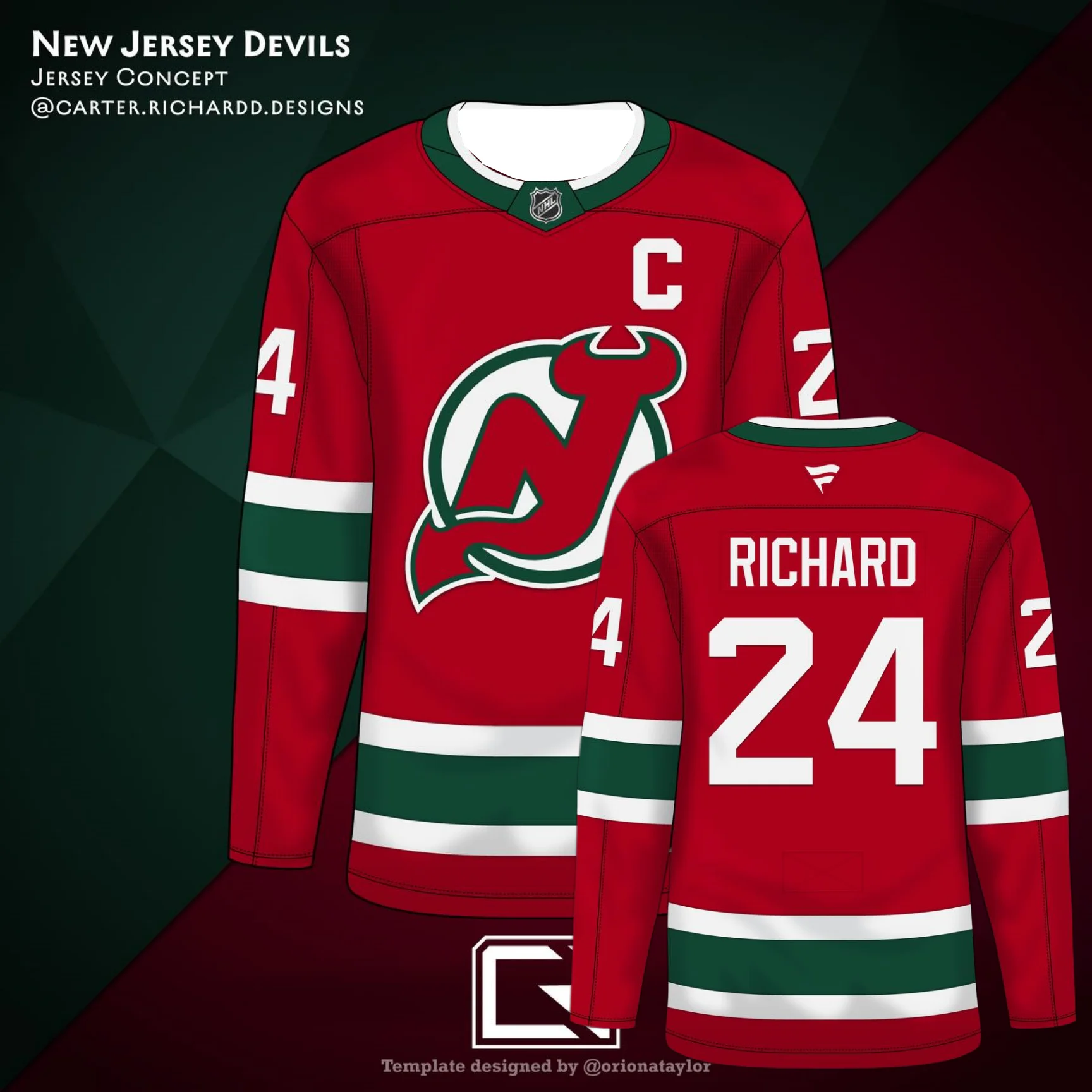 Camiseta de hockey New Jersey Devils Concept, roja con rayas verdes/blancas # Uniforme de Hockey sobre Hielo NHL 24 Richard para Fanáticos MOTO