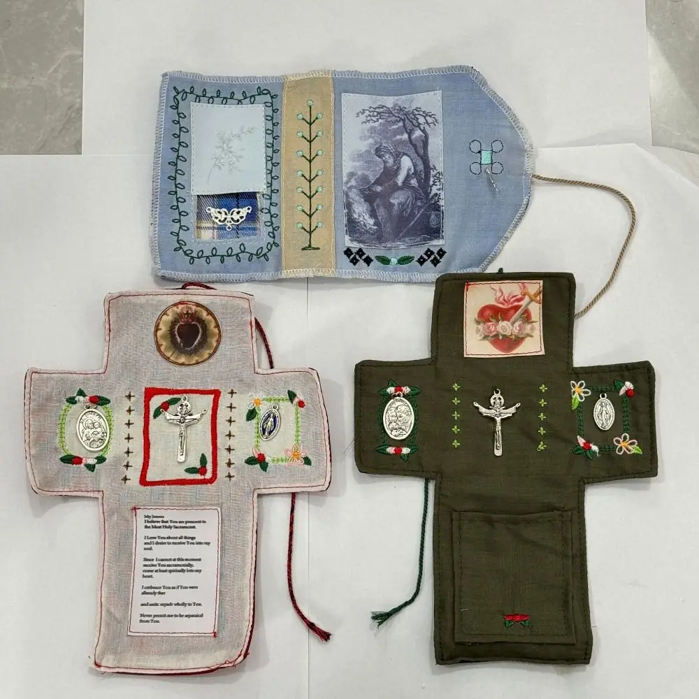 Cross Included Inside Pocket Shrine with Silver Handmade Sewing Accessories Mini Travel Shrine Pouch Stitched Pocket Shrine
