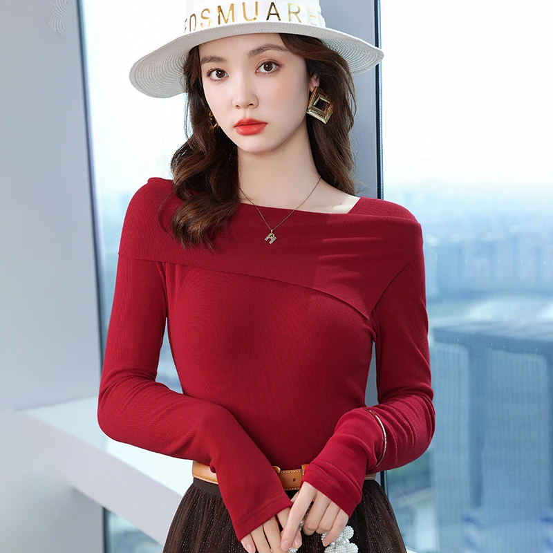 

Red T Shirts for Women Spring Autumn Korean Fashion Square Collar Long Sleeve Thin Section Pullover Tops Elegant Base Shirts