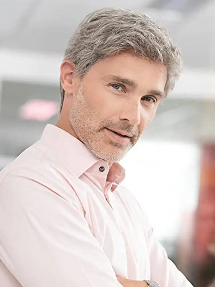 رجل قصير رمادي شعر مستعار طبيعي الطبقات زي هالوين الباروكات الاصطناعية مقاومة للحرارة استبدال الشعر الباروكات للرجال الذكور