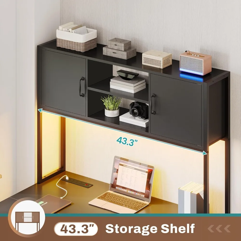 Reversible L-Shaped Corner Computer Desk with Fabric Drawers, Power Outlet, and LED Lights for Gaming