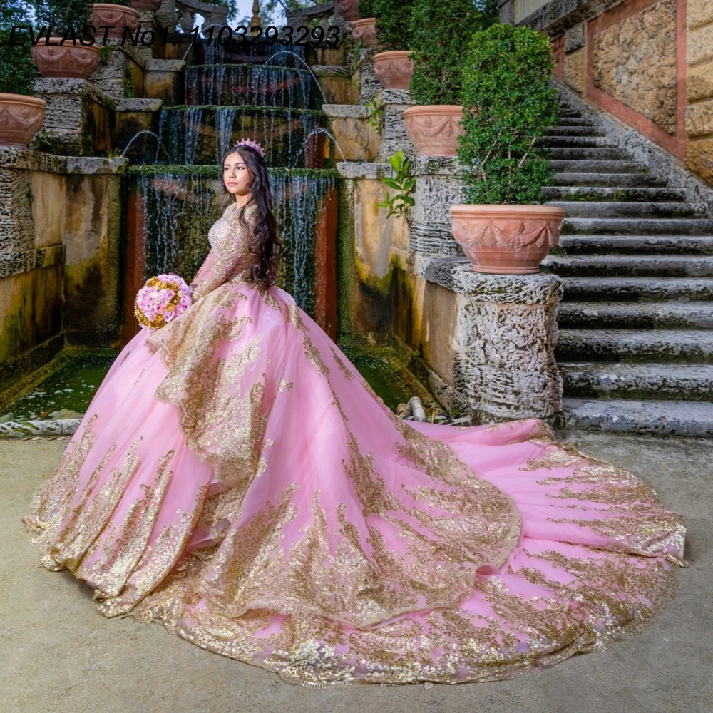 

EVLAST Customized Mexican Pink Ball Gown Quinceanera Dress Gold Lace Applique Beaded Tiered Sweet 16 Vestidos De 15 Anos E1Q875