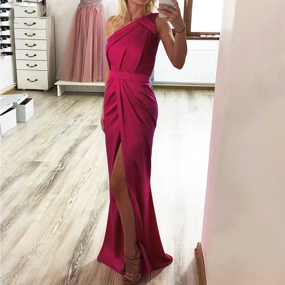 

Vinca Sunny Sexy One Shoulder Satin Side Split Mermaid Evening Dresses Pleat Floor Length Formal Party Gowns robes de soirée