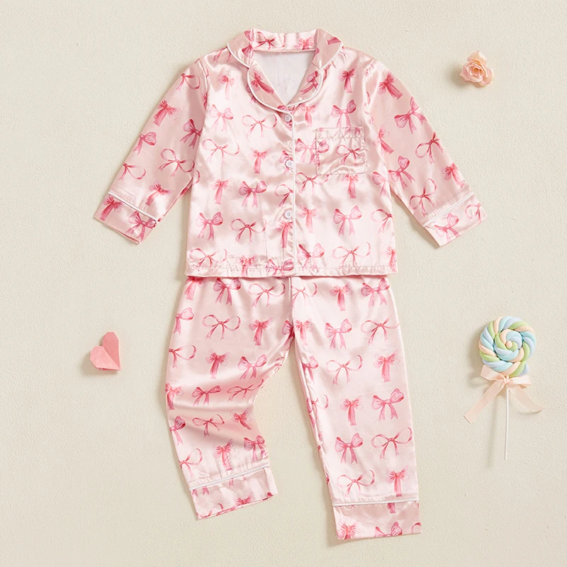 Tregren Toddler Infant Girls Satin Pajamas Set Cute Bow Print Long Sleeve Lapel Button Down T-Shirt Tops with Pants Sleepwear