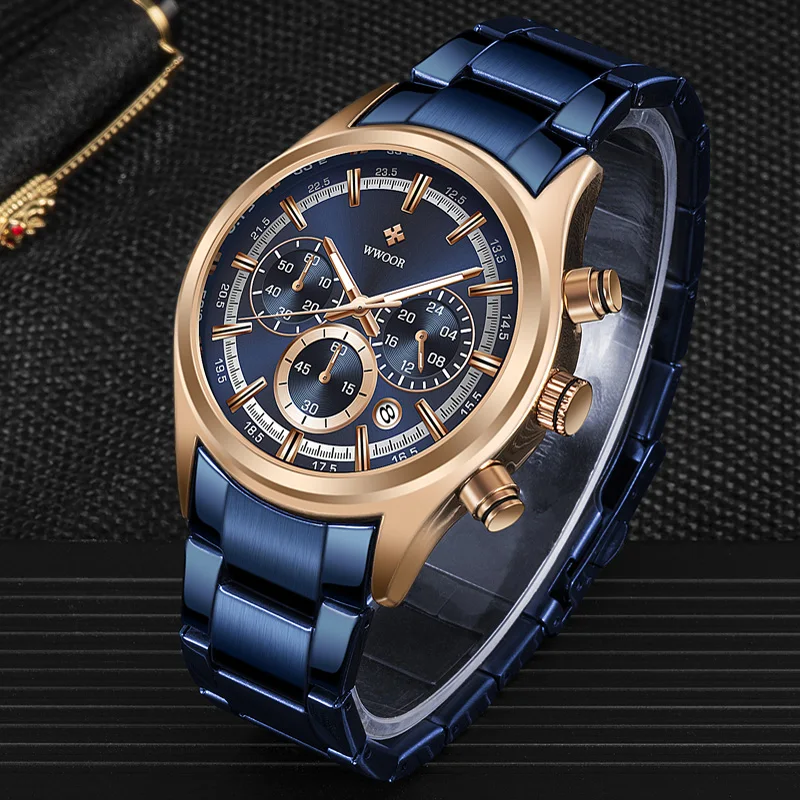 WWOOR Luxury Watch for Men Original Fashion Business Man Quartz Wristwatch Waterproof Stainless Steel Men's Watches Reloj Hombre