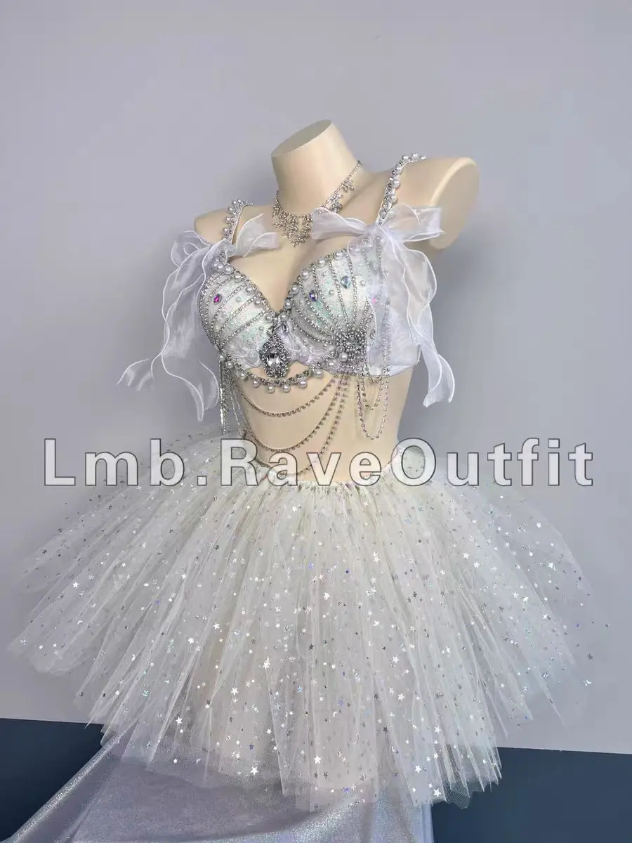 Colorful Diamond studded Pearl Sexy Mesh Skirt Bar Nightclub Festival Party Female Singer Trampoline Dancer Performance Clothing