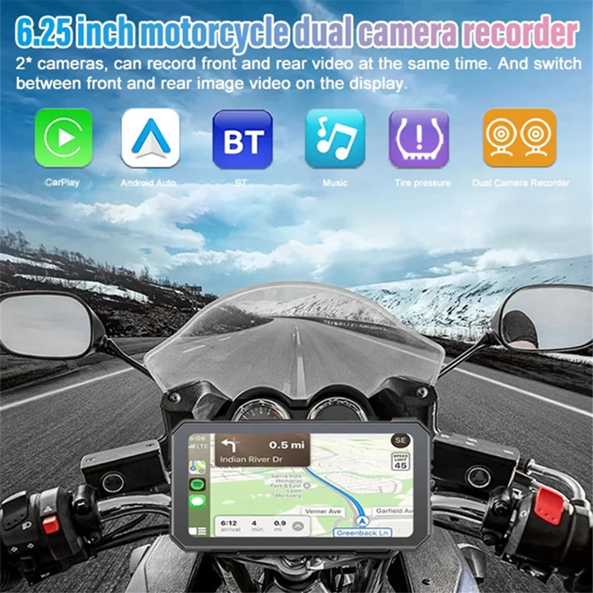 6.25 Inch Motorcycle DVR Wireless CarPlay for Android Auto GPS Navigation Monitor Bluetooth Waterproof Touchscreen