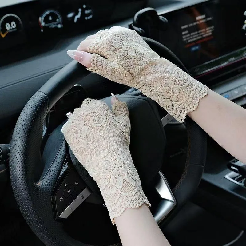 Sommer Outdoor Damen Halbfinger-Netzhandschuhe Elegante Tanz- und Fahrhandschuhe UV-Schutz Sonnenschutz