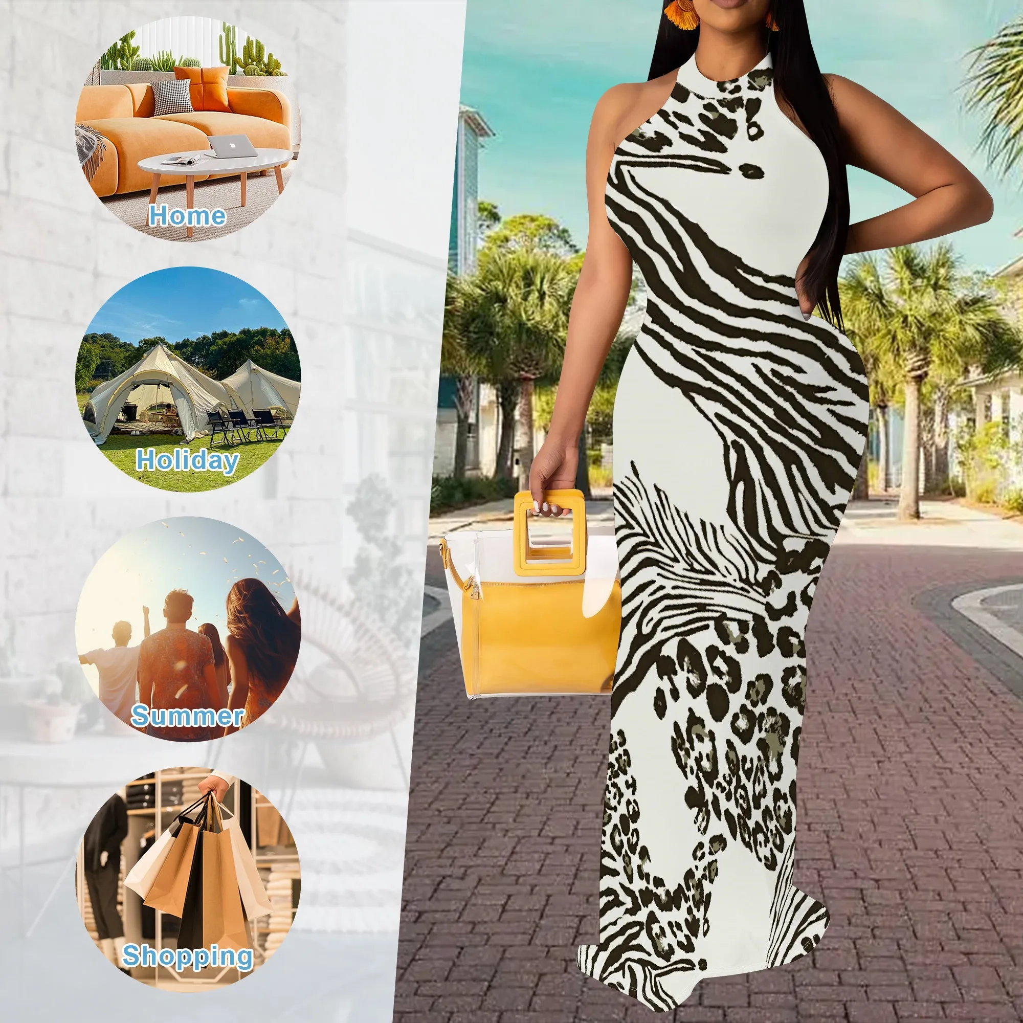 EQQZD Damen-Kleid, Marineblau, gestreift, Stehkragen, Rückenausschnitt, Polyester, Büro, Frühling, schick