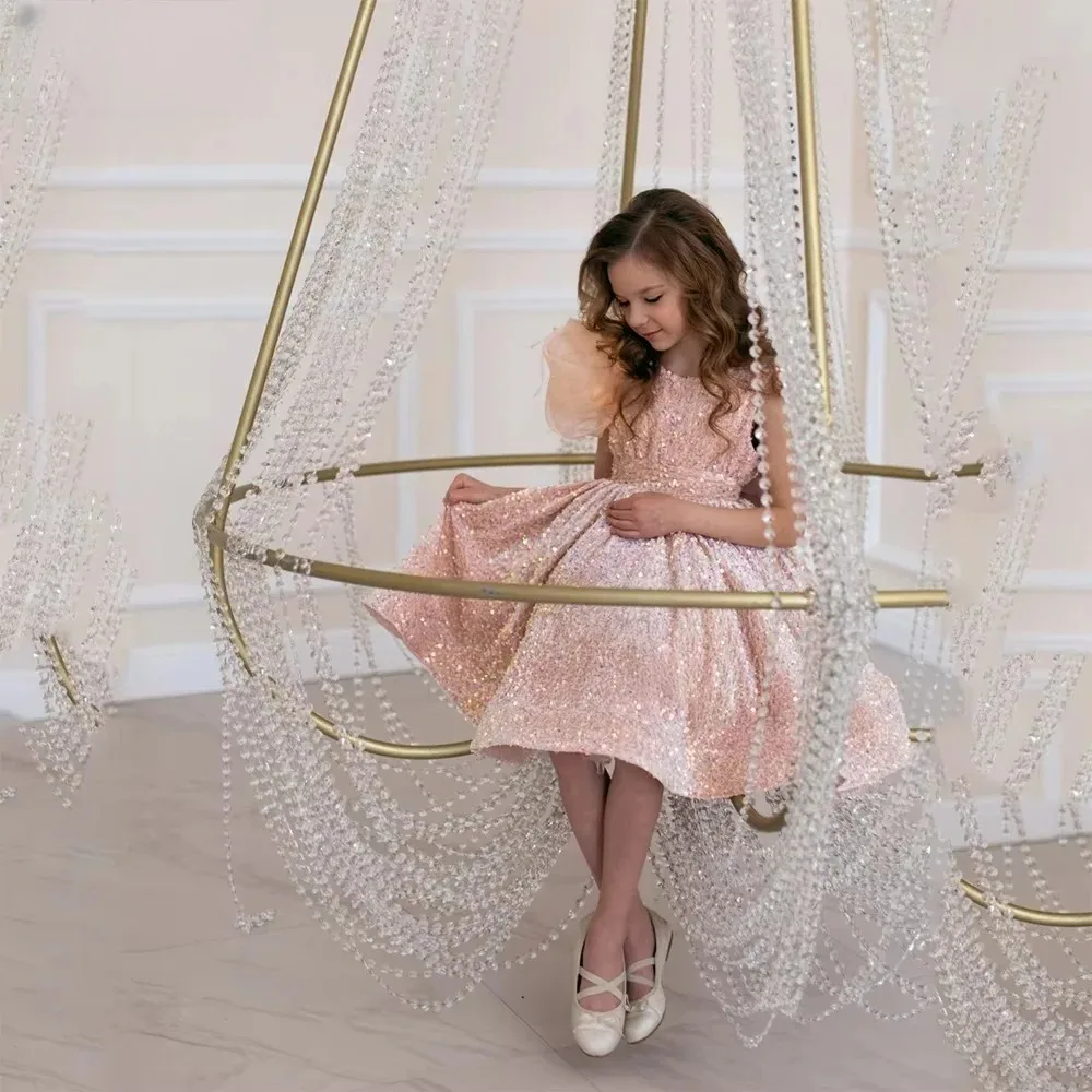 

Pink Flower Girl Dresses for Wedding Sequins Sleeveless Knee Length Girl Gowns for Photoshoot First Communion Gowns Customized