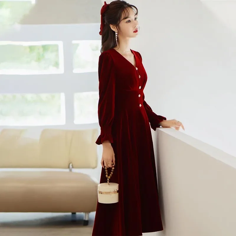 It's Yiiya Customized Evening Dress Burgundy Flannel V-Neck Full Sleeves Tea-Length A-Line Plus size Woman Formal Party Gowns