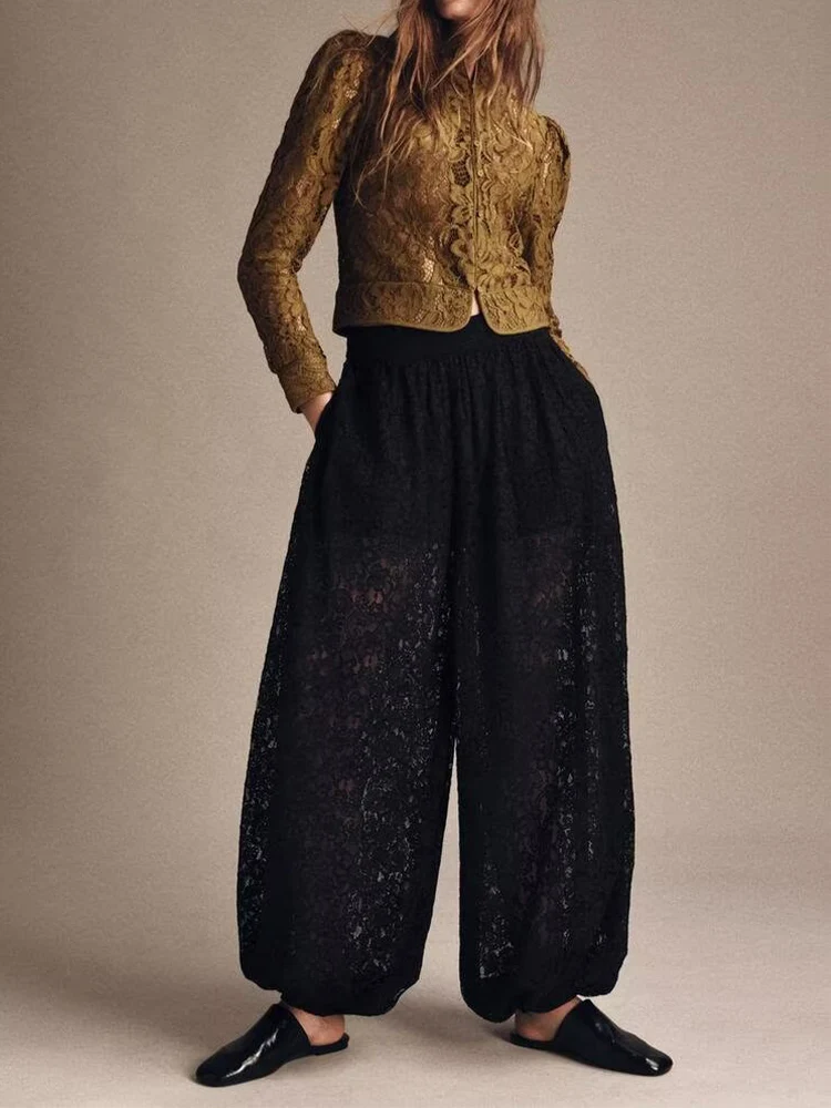 유럽 스타일 신상 여성 패션 다용도 기질 솔리드 컬러 캐주얼 레이스 벌룬 버전 팬츠