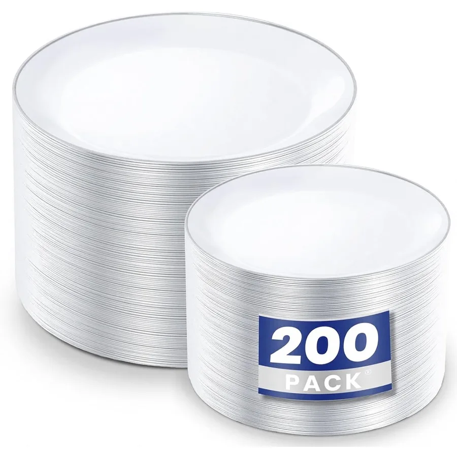 

200PCS Silver Plastic Plates White Plastic Plates with Silver Rim Include 100 Dinner Plate and 100 for Dessert Salad Plate for