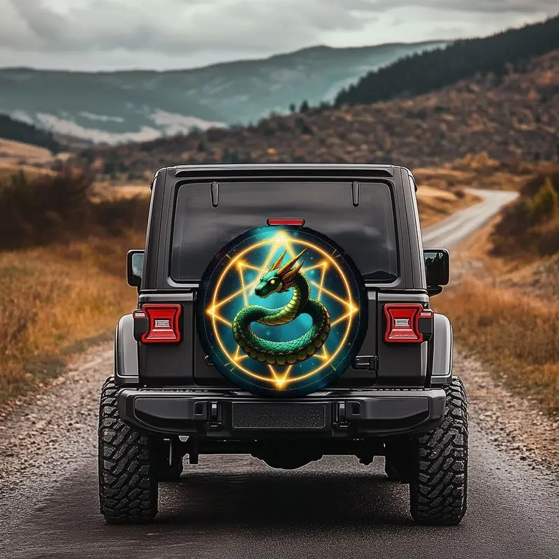 

Fit Chinese Dragon & Pentagram (Five-Point Star) Spare Tire Cover - Heavy-Duty Black/Green/Teal Wheel Protector With Chinese Cha