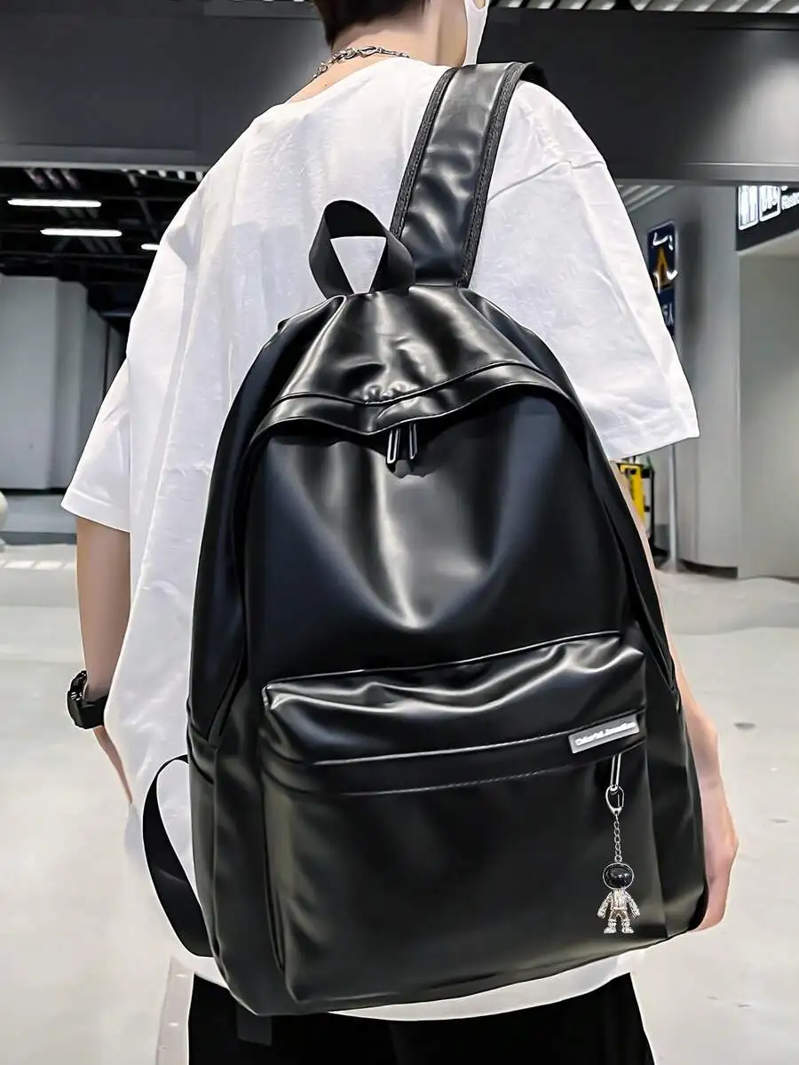 

Black PU Leather Backpack For Men Casual Travel School Bag With Front Pocket And Keychain