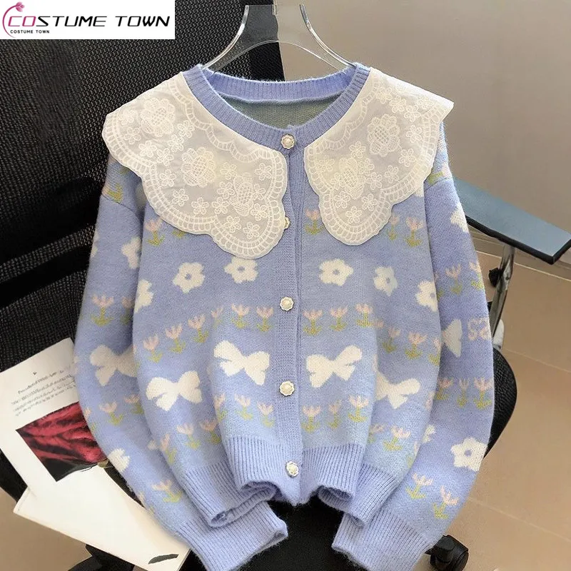 

Splicing lace doll collar fur autumn and winter new Korean version fashionable loose knit cardigan sweater