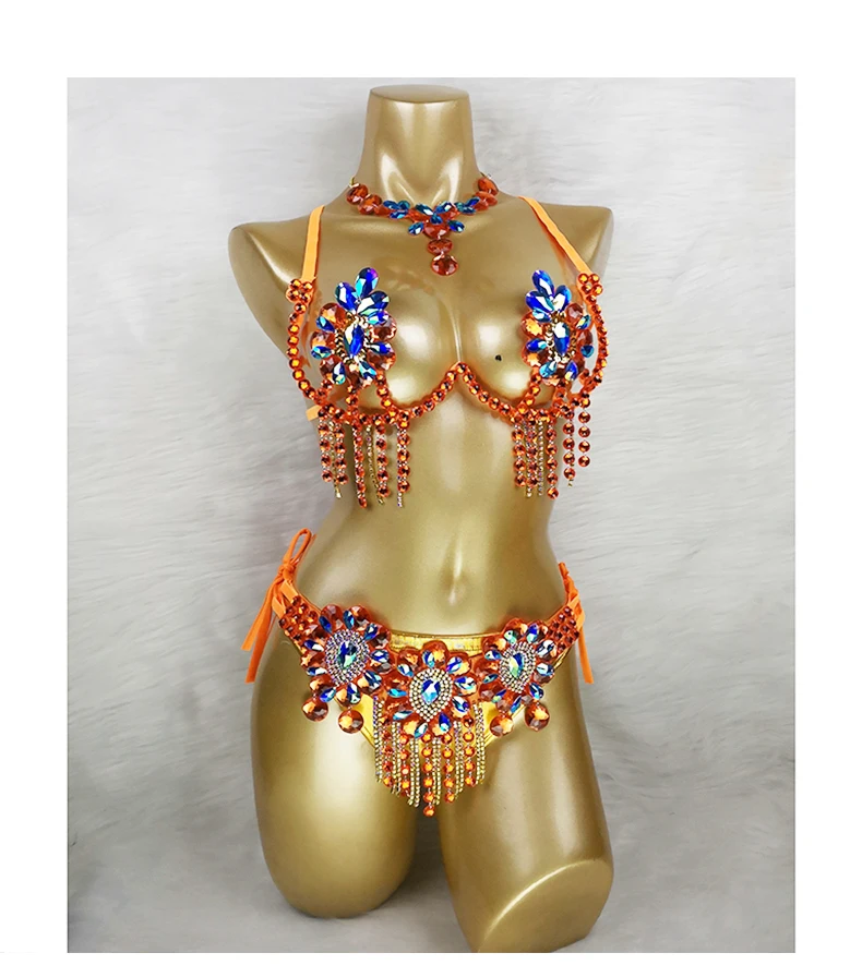 Wire Bra & Belt stones bikini Suit Sexy Samba Carnival  Nightclub show singer WOMEN GOGO Sparkly