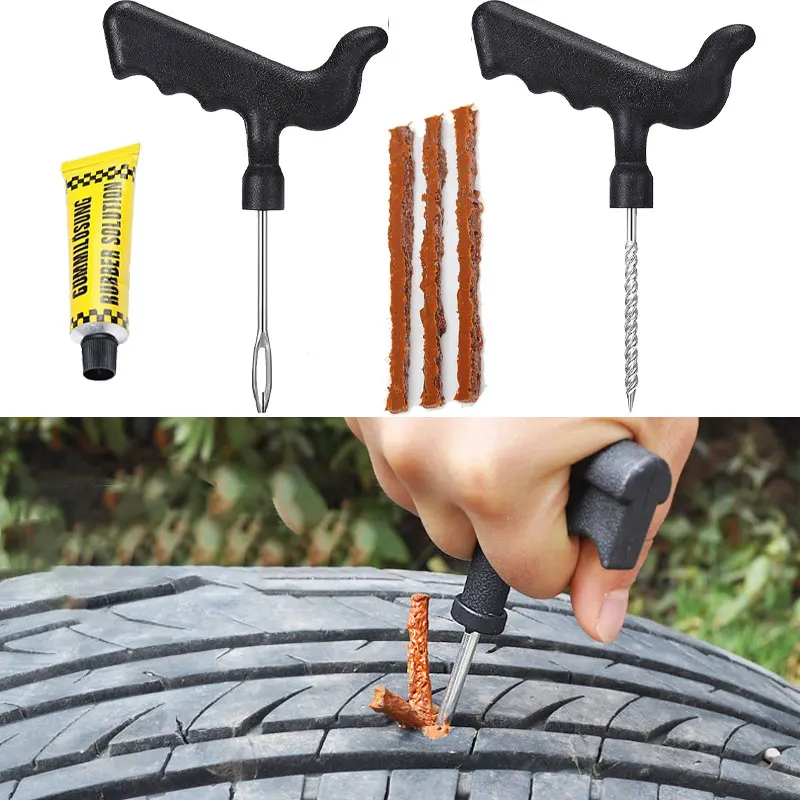 Car Tire Repair Tools Kit with Glue Rubber Stripes for Tyre Puncture Car Motorcycle Bike Vacuum Tire Repair Set Car Repair Tool