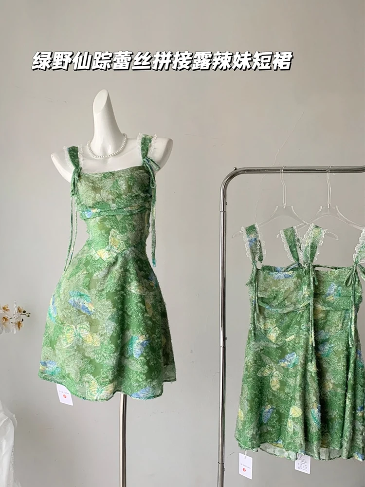 Summer Romantic Gyaru Mini Green Floral Lace Backless Mini Dress Women 2000s Frock One-Piece Coquette Ballet Core French Vintage