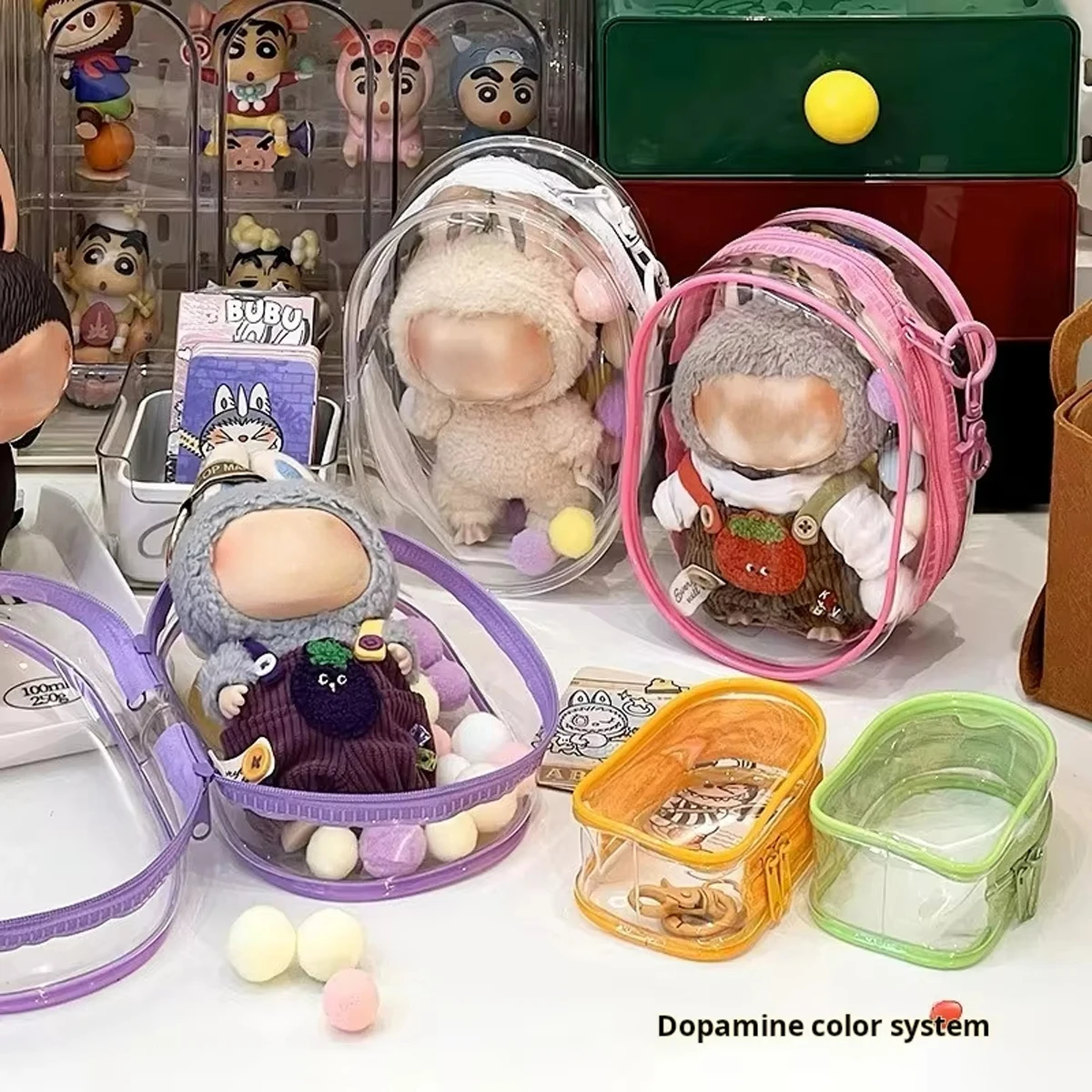 Bolsa de transporte de muñeca transparente de PVC, ventana de exhibición transparente estilo muñeca | Cremallera a prueba de polvo para minifiguras y accesorios de llavero
