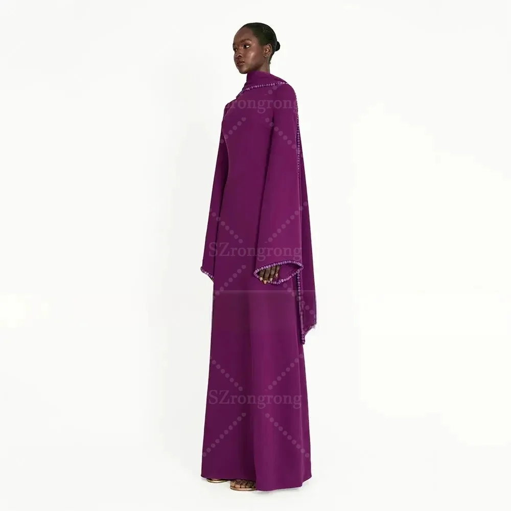 العرف الحديثة جيرسي الساتان كم طويل مطرز اللؤلؤ ثوب الزفاف مساء ثوب مستقيم العربية السعودية طول الأرض مع شال