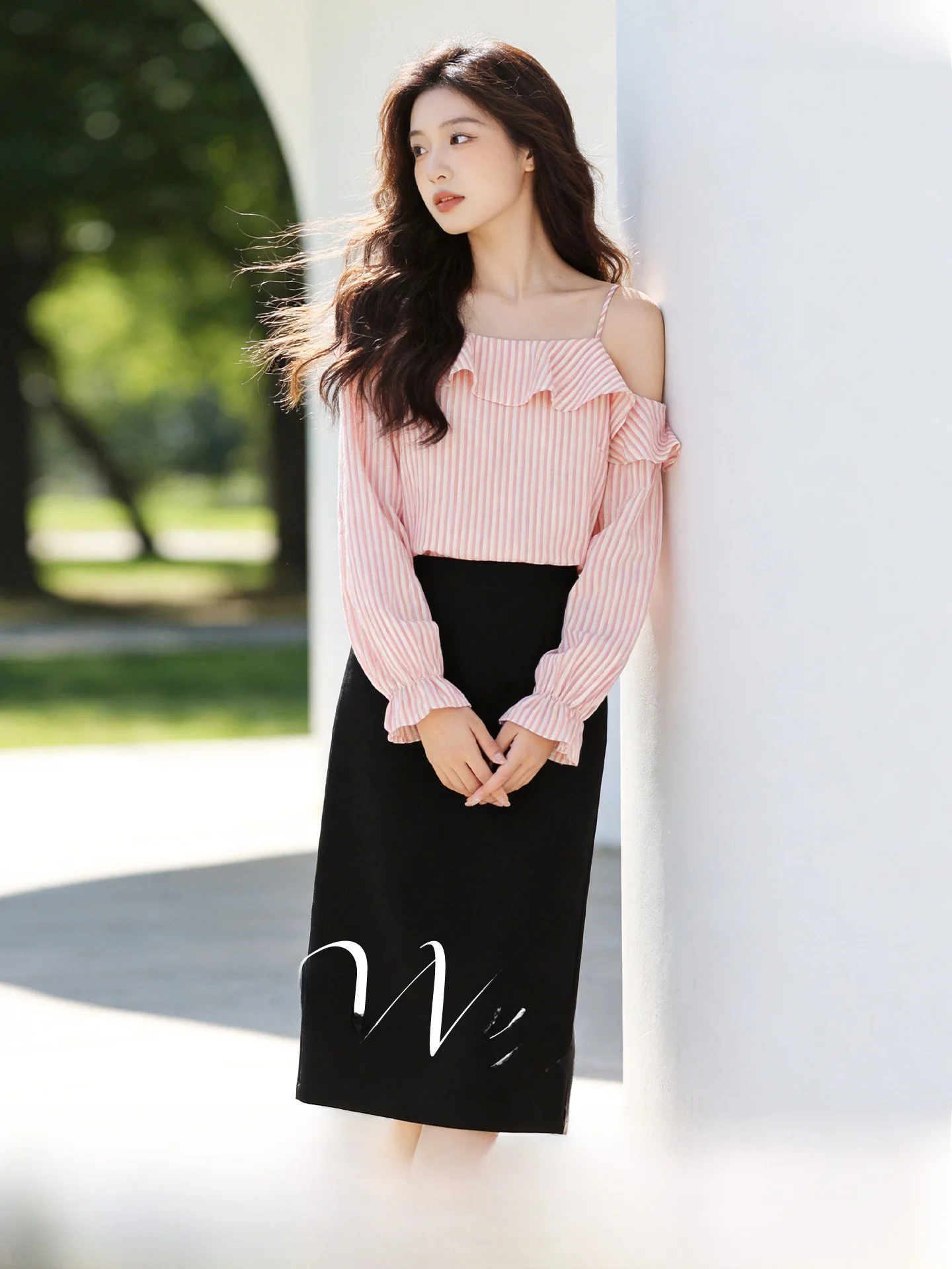 

Sweet Style Striped Shirt And Half Skirt Two-Piece Set Summer New Arrival Five Seasons Home High Waist A-Line Skirt Long Sleeve