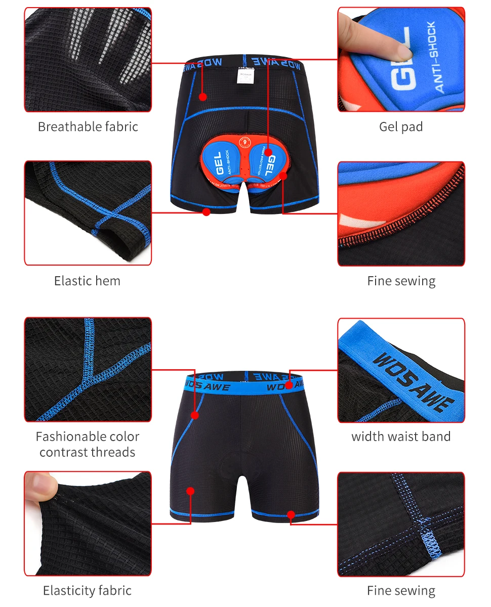 WOSAWE Men's Cycling Underwear 5D Padded MTB Biking Shorts Breathable Moisture Wicking Quick Dry Shockproof MTB Bike Shorts